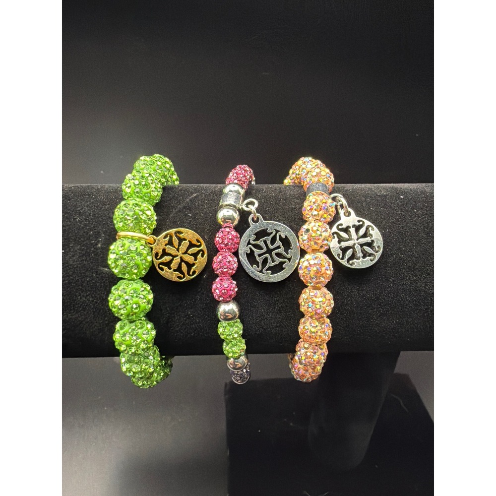 Set of 3 Crystal Disco Ball Stretch Bracelets with Filigree Cross Charms